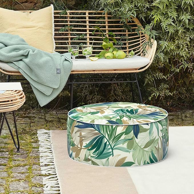 LVTXIII Inflatable Stool Ottoman Footrest with Handle, Decorative Fade-Resistant Foot Stool, Indoor or Outdoor Pouf for Home Garden and Camping Use, D21 x W 21 x H9, Lush Leaf Green-Ruum Studio Home