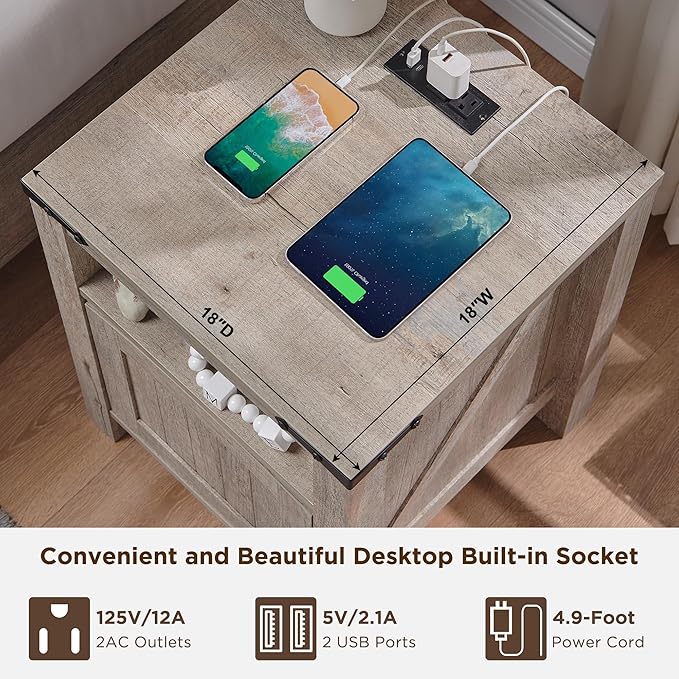 OKD Farmhouse End Table with Charging Station, 18" Rustic Nightstand with Adjustable Storage Shelf, Wood Rustic Wood Sofa Side Table for Bedroom-Ruum Studio Home