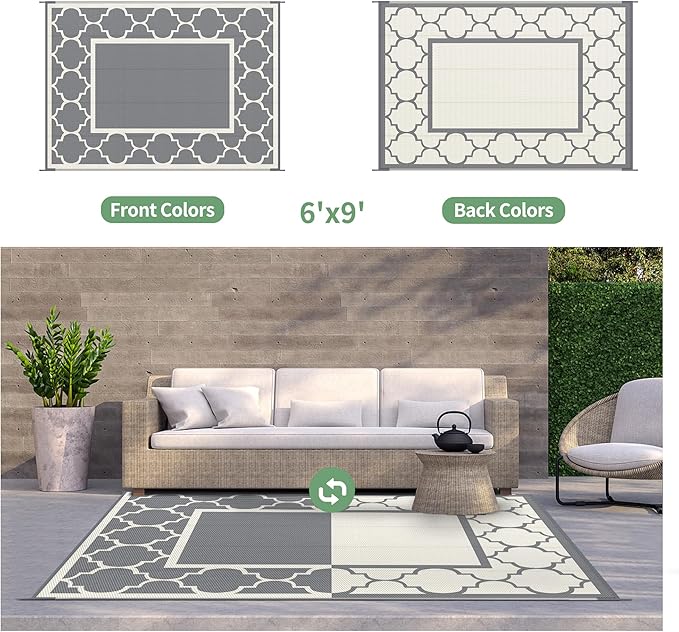 GENIMO 6' x 9' Outdoor Rug Waterproof for Patio Decor, Foldable Reversible Plastic Straw Area Rugs Mat for Camper, Outside Carpet for Rv, Deck, Porch, Picnic, Beach, Balcony, Grey & Beige White-Ruum Studio Home