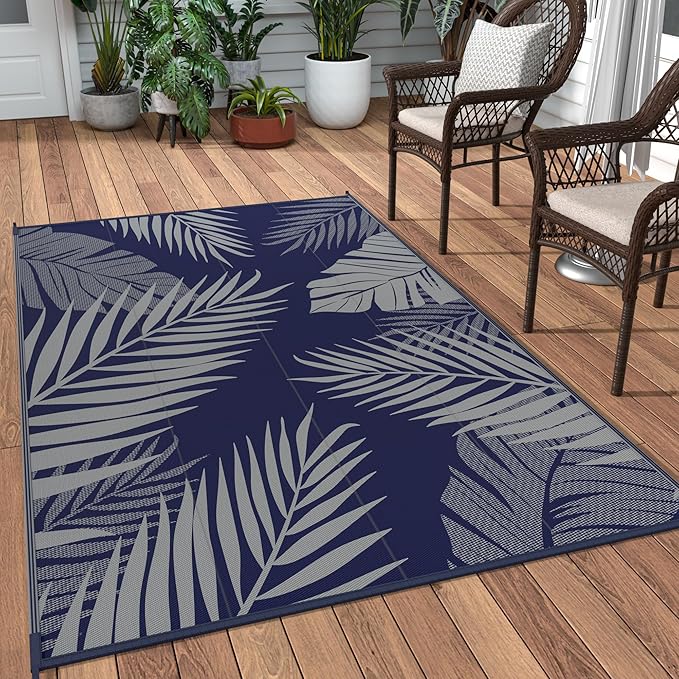 GENIMO Outdoor Rug 3' x 5' Waterproof for Patios Clearance, Reversible Outdoor Plastic Straw Camping Rug Carpet, Large Area Rugs Mats for RV, Camper, Deck, Balcony, Porch, Beach, Picnic Navy Blue&Grey-Ruum Studio Home