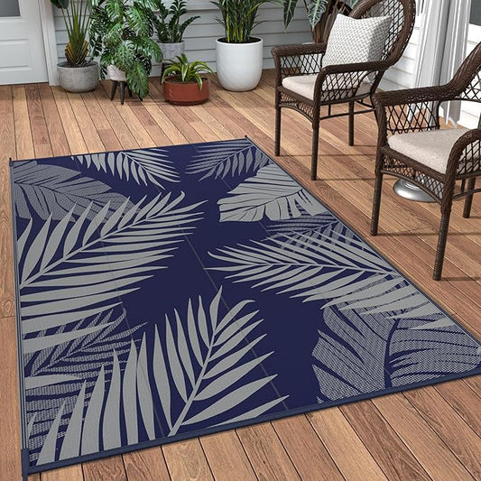 GENIMO Outdoor Rug 3' x 5' Waterproof for Patios Clearance, Reversible Outdoor Plastic Straw Camping Rug Carpet, Large Area Rugs Mats for RV, Camper, Deck, Balcony, Porch, Beach, Picnic Navy Blue&Grey-Ruum Studio Home