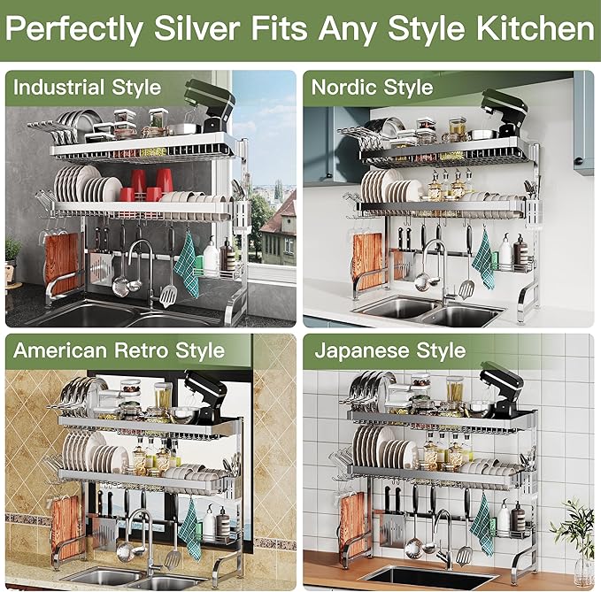 3 Tier Extra Large Stainless Steel Expandable Over The Sink Dish Drainer Drying Rack, Rust Proof Metal, Space Saving, Modern Silver Big Capacity Extendable Plate Strainers Above Kitchen Counter-Ruum Studio Home