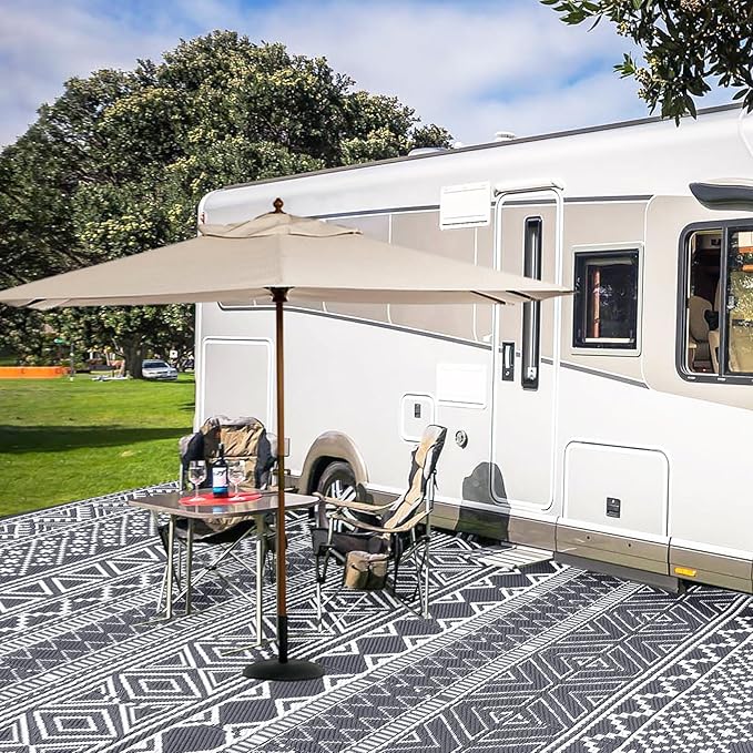 GAOMON Outdoor Rug 9'x12' Waterproof Rug for Patio Decor, Foldable Reversible Plastic Straw Area Rugs Mat for Camper, Outside Carpet for Deck, Porch, Picnic, Beach, Grey/White(Bohemia)-Ruum Studio Home