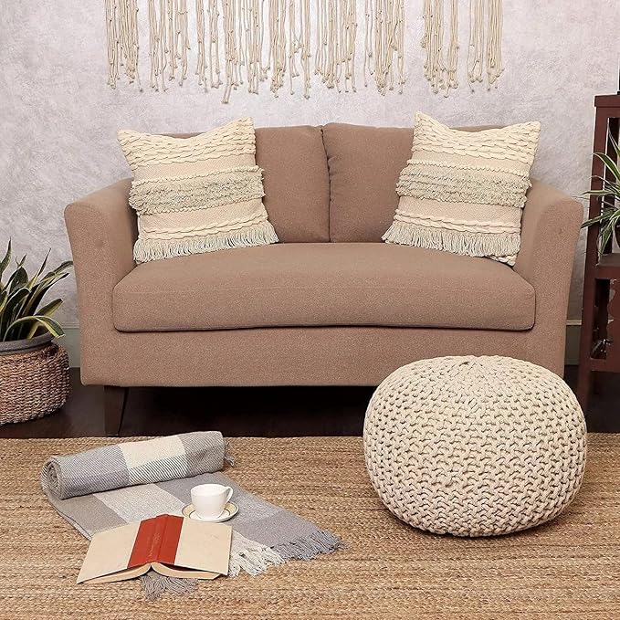 REDEARTH Round Pouf Ottoman - Cable Knitted Boho Poof - Home Décor Cord Pouffe Handmade Circular Footrest for Living Room - Bedroom - Kids Bedroom - 100% Cotton Pouf (19.5"x19.5"x14") - Natural-Ruum Studio Home