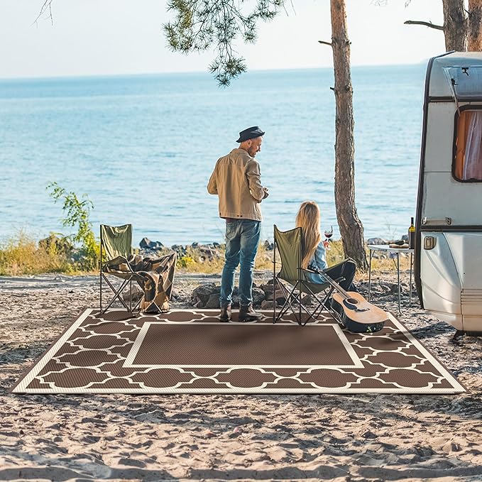 GENIMO 6' x 9' Outdoor Rug Waterproof for Patio Decor, Foldable Reversible Plastic Straw Area Rugs Mat for Camper, Outside Carpet for Rv, Deck, Porch, Picnic, Beach, Balcony, Coffee & Beige-Ruum Studio Home