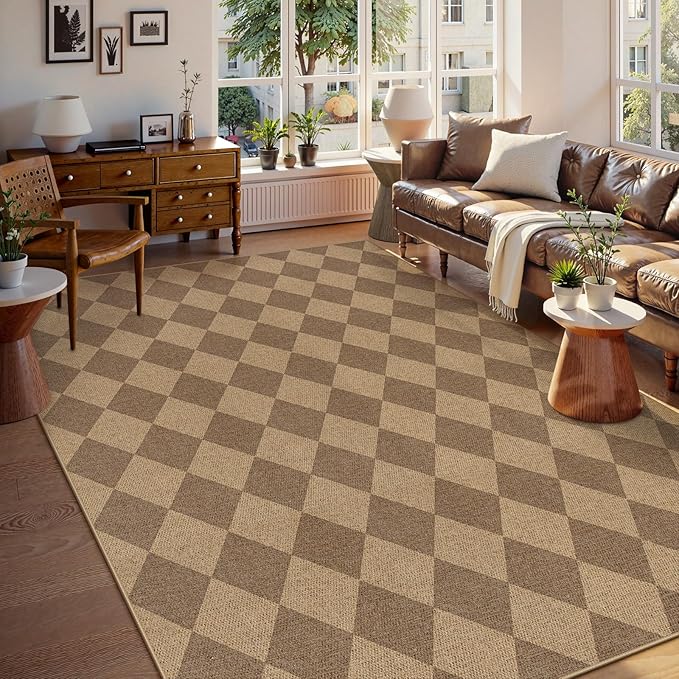 Lahome Checkered Easy Jute Rug 8x10, Washable Rugs for Living Room Dining Room Farmhouse Indoor Outdoor Mat, Neutral Checkerboard Non Slip Black Carpet for Office Backyard Patio-Ruum Studio Home
