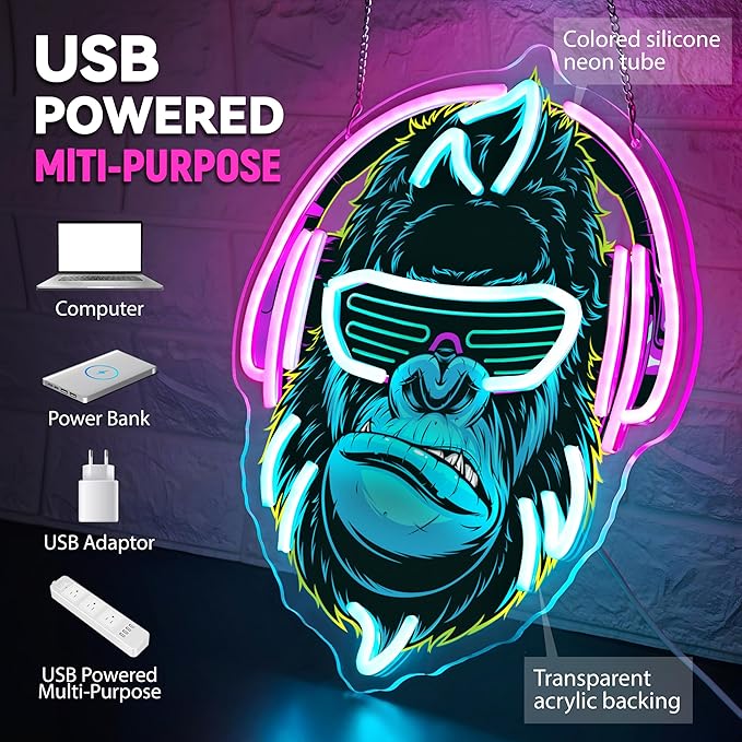 Headphones Gorilla Neon Sign Dimmable Kong Led Neon Light for Wall Decor,Game Room,Man Cave,Home Party Bar Decor,USB Powered Led Sign-Ruum Studio Home