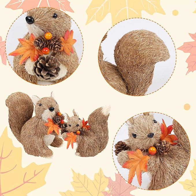winemana Set of 2 Fall Table Decor-Squirrels with Leaves Pine Cones Thanksgiving Home Decorations Indoor Sisal Figurines, Cozy Fall Office Harvest Centerpiece Christmas Kitchen Décor-Ruum Studio Home