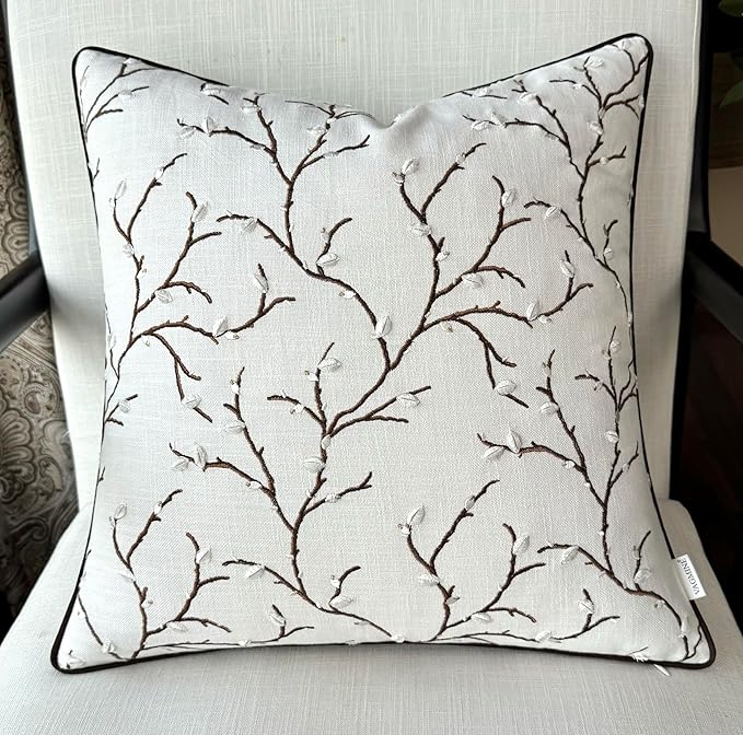 VAGMINE Embroidered Pussy Willow Throw Pillow Cover - 20x20 Inches Square - 100% Cotton Ivory Cushion Cover - Delicate Floral Stitchwork - Chic Home Accent for Sofa, Lounge, Rustic Farmhouse Décor-Ruum Studio Home