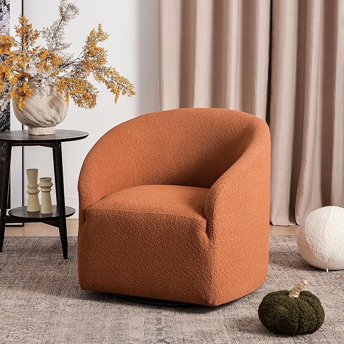 KINWELL 32" Wide Swivel Boucle Accent Chair Armchair, No Assembly Mid-Century Modern Round Upholstered Barrel Chair for Living Room, Bedroom, Office (Caramel)-Ruum Studio Home