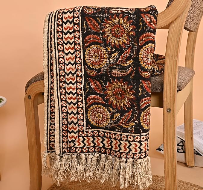 Bohemian Mud Cloth Handmade Throw with Tassels - 120x180 CM Handblock Printed Floral Cotton Blanket, Soft Handloom Sofa Throw for Living Room, Bed, Couch & Home Décor-Ruum Studio Home