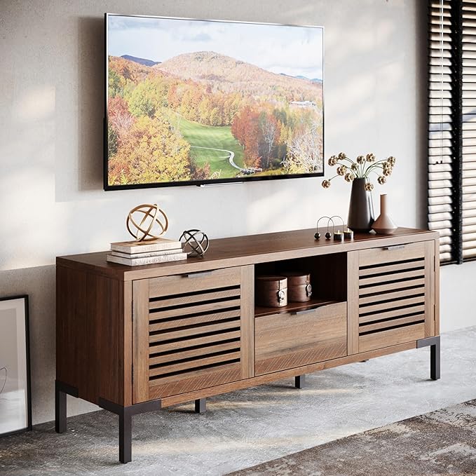 Bme Millie Solid Wood TV Stand for TVs up to 65 Inches, Modern Farmhouse TV Stand with Rustic Charm, TV Stands for Living Room, Chestnut-Ruum Studio Home
