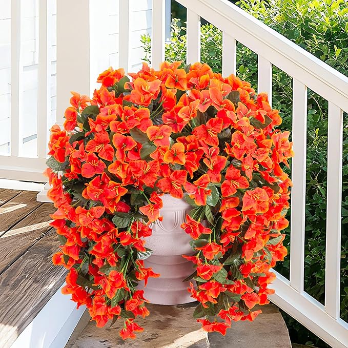 Artificial Bougainvillea Faux Flowers Plants for Outdoors Outside Fall Autumn Decor, 2 PCS Silk Trailing Vines UV Resistant Realistic Orange Fake Flowers for Planter Front Door Porch Patio Balcony-Ruum Studio Home