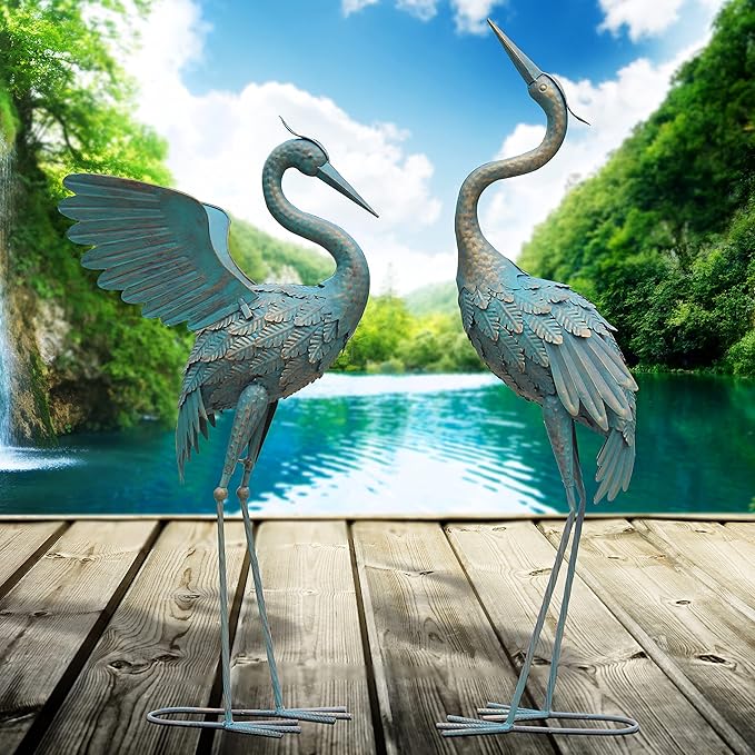 33-37 Inch Metal Crane Garden Statue Décor, Bird Garden Sculpture & Statues, Outdoor Decoration for Yard Patio Lawn Backyard Pool, Vintage Spread Wings Crane, Set of 2-Ruum Studio Home