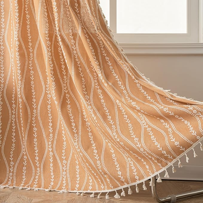 Sutuo Home Boho Curtains 84 Inches Length for Bedroom Living Room, Printed Cotton Linen Rod Pocket Rustic Farmhouse Bohemian Tassels Window Treatment, 1 Panel 59" W x 84" L, Terracotta Stripe Florals-Ruum Studio Home