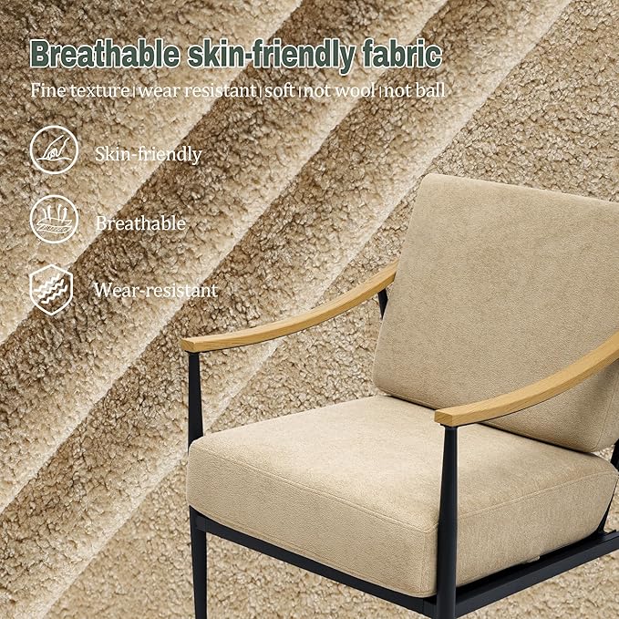 Modern Accent Chairs Set of 2 for Living Room Bedroom Mid Century Arm Chairs Upholstered Office Accent Chairs Comfy Waiting Room Chairs with Metal Frame, Khaki-Ruum Studio Home