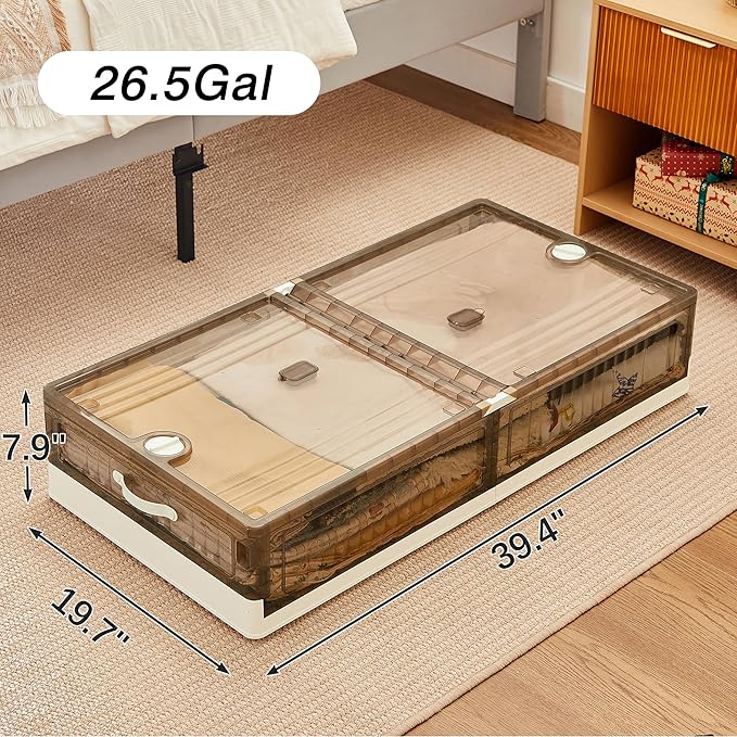 VECELO Under Bed Storage with Wheels, 26.5Gal Stackable Under Bed Storage Containers, Underbed Storage Containers with Lids, Plastic Foldable Folding Box for Clothes Shoes-Ruum Studio Home