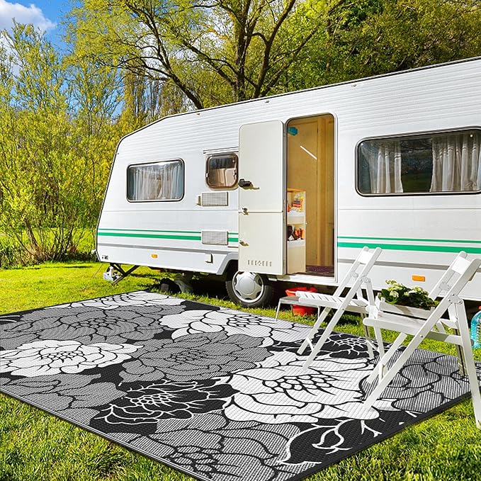 GENIMO Outdoor Rug Waterproof for Patio Decor, 8' x 10' Reversible Plastic Straw Floral Camping Carpet, Large Area Rugs Mats for RV, Camper, Deck, Balcony, Porch, Beach, Picnic, Mix-Black & White-Ruum Studio Home