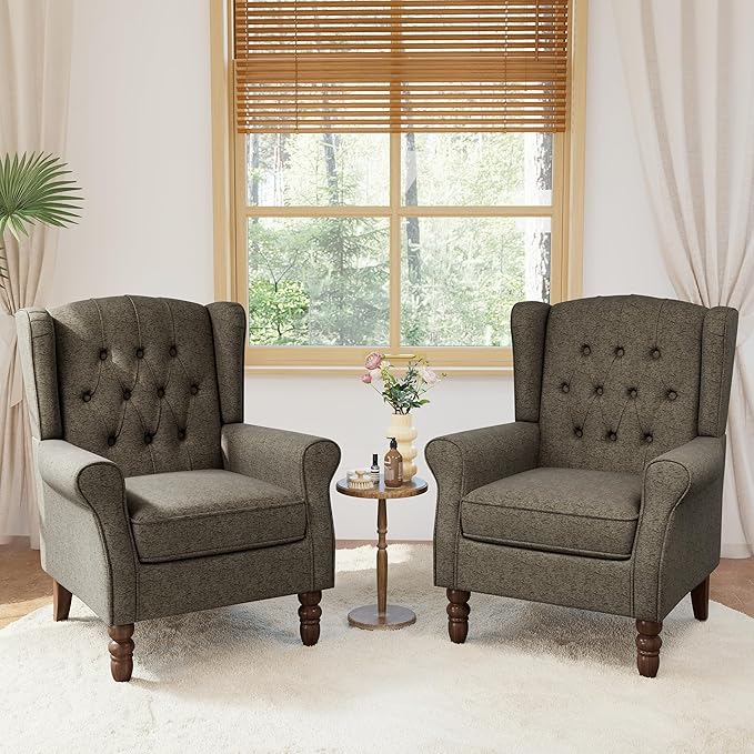 Lumibee High Back Accent Chair Set of 2,Upholstered Wingback Armchair with Solid Wood Legs for Small Spaces,Comfy Single Sofa Chair for Living Room,Bedroom,Office-Taupe-Ruum Studio Home