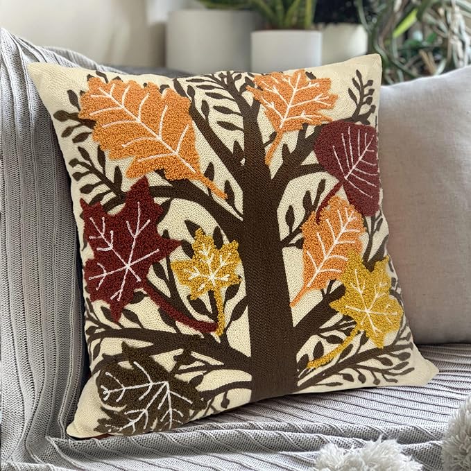 Alysheer Embroidered Fall Decorative Throw Pillow Cover 18"x 18", Boho Farmhouse Cottage Tufted Embroidery Pattern Cotton Canvas Orange Cushion Case for Sofa Couch Bed Living Room Decor(Maple Leaves)-Ruum Studio Home