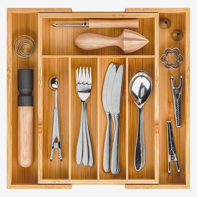 BAMEOS Bamboo Expandable Drawer Organizer, 5-7 Slots Kitchen Drawer Organizer, Adjustable Cutlery Tray for Utensils, Silverware & Flatware (Natural)-Ruum Studio Home