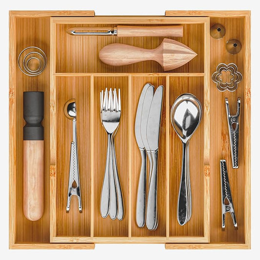 BAMEOS Bamboo Expandable Drawer Organizer, 5-7 Slots Kitchen Drawer Organizer, Adjustable Cutlery Tray for Utensils, Silverware & Flatware (Natural)-Ruum Studio Home
