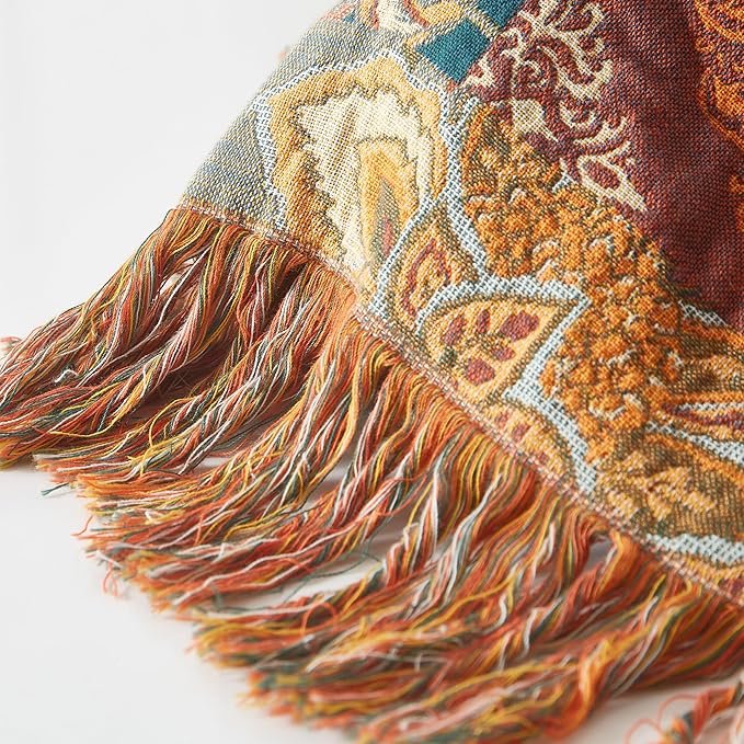 Boho Throw Blanket for Bed 60”x80”, 100% Cotton Woven Blanket for Couch Sofa, Ultra Soft 4-Layer Muslin Quilt with Patchwork Floral Printed, Farmhouse Bed Blanket/Cover for Living Room Decor-Ruum Studio Home