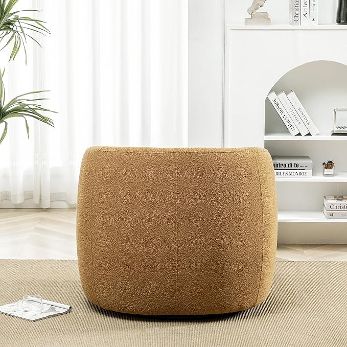 KINWELL 34" Wide Boucle Swivel Barrel Chair, No Assembly Round Upholstered Armchair Accent Chair Single Sofa Chair with Toss Pillow for Living Room and Bedroom, Brown-Ruum Studio Home