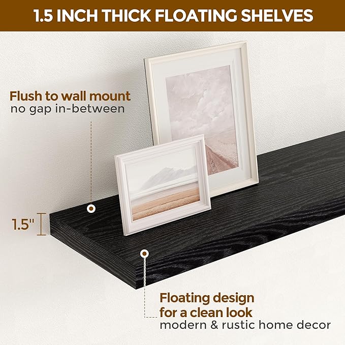 Fun Memories Floating Shelves 48 Inch Set of 2, Black 48 x 9 Wall Shelves for Home Decor Storage, Rustic Wood Floating Shelf for Wall, 9 Inch Deep Shelving for Bathroom, Living Room, Kitchen-Ruum Studio Home
