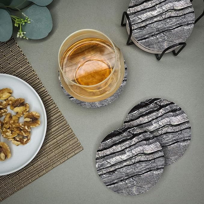 Emerson Coasters for Drinks Absorbent – Natural Stone Drink Coasters Set with Holder, Coasters for Coffee Table, Wooden Tabletop Protection Marble Style – 100% Heavy Duty Set of 6 (Obsidian)-Ruum Studio Home