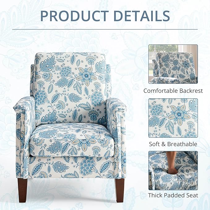 Floral Accent Chair, High Back Upholstered Armchair with Solid Wooden Legs, Padded Armrest and Removable Comfortable Cushioned Seat Single Sofa for Living Room, Bedroom, Blue-Ruum Studio Home