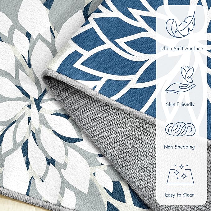 Area Rug 2x3 Blue White Washable Entry Small Rug Multicolored Tropical Botanical Modern Floral Indoor Kitchen Door Mat Entrance Carpet Non Slip for Bedroom Living Room, Porch-Ruum Studio Home