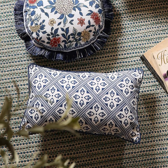 patdrea Designer Floral Linen Throw Pillow Covers,Blue French Cottage Flower Pattern Decorative Pillowcases Cushion for Bed Living Room Outdoor Car,Pack of 4-Ruum Studio Home