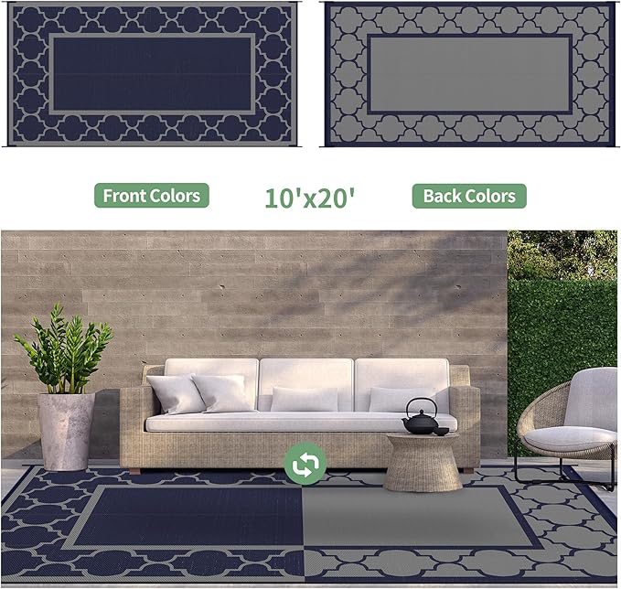 GENIMO 10 'x20 ' Outdoor Rug for Patio Clearance, Waterproof Indoor Outdoor Plastic Straw Rugs Carpet, Reversible Outside Area Rv Mat for Camping, Balcony Porch, Deck, Picnic, Beach (Blue & Grey)-Ruum Studio Home