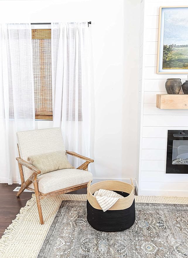 OrganiHaus Woven Laundry Basket, Large Cotton Rope Blanket Holder with Handles, Soft & Sturdy Nursery Hamper, Decorative Toy Bin for Living Room Organization 20x13 inches - Black/Honey-Ruum Studio Home