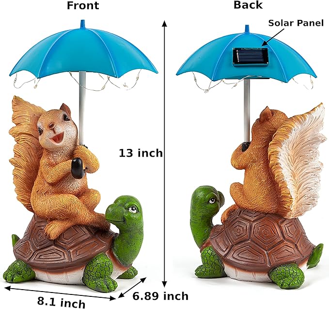 Malister Solar Garden Statue Outdoor Decor - Squirrel Siting on Turtle Statue with String Lights Umbrella for Patio, Garden Decor Garden Art Outdoor Lawn Decor Yard Art, Housewarming Garden Gifts-Ruum Studio Home