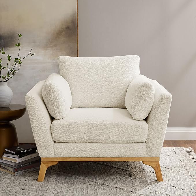 Large-Sized Accent Chair, Thick Cushion Bedroom Reading Chair, Comfortable Living Room Single Sofa, Boucle Milky White-Ruum Studio Home