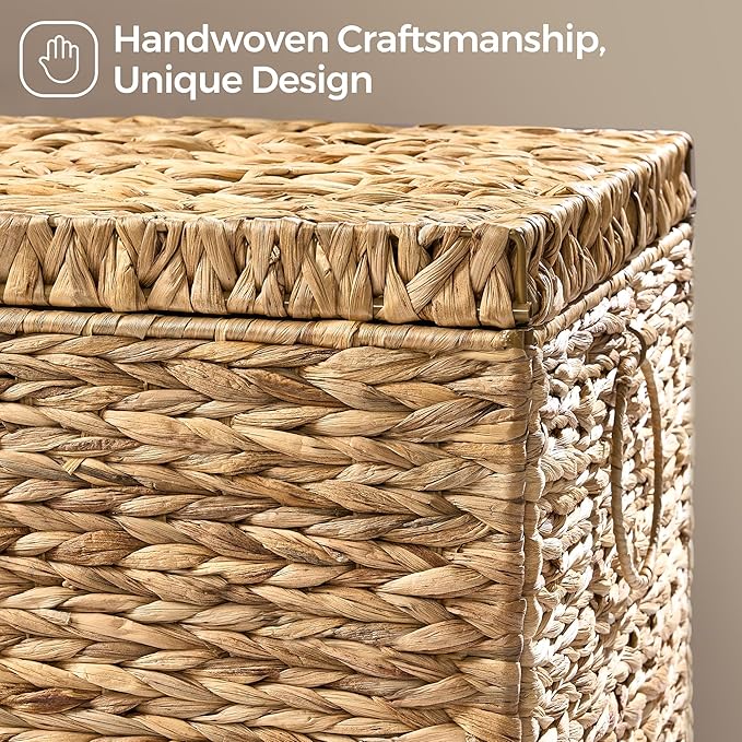 Handwoven Storage Basket with Lid, 165L Wicker Storage Bin, Natural Water Hyacinth, Leather Buckle & Metal Frame, Metal Ring Handles for Easy Transport, Storage Chest & Trunk for Bedroom, Living Room-Ruum Studio Home