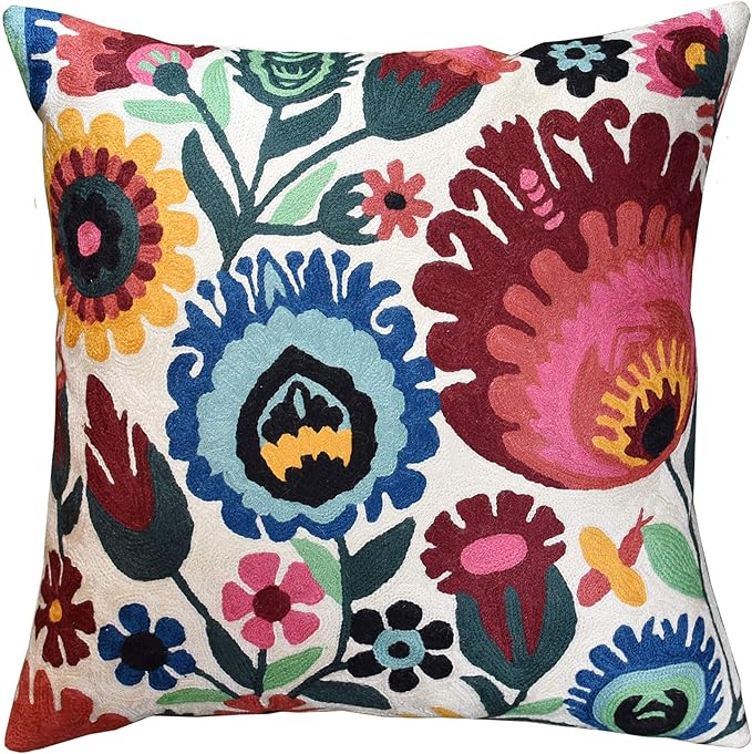 Polish Floral Decorative Pillow Cover Hand Embroidered Cream Flower Pillowcase White Botanical Traditional Outdoor Cushion Suzani Chair Pillowsham Couch Wool 18x18 Inch-Ruum Studio Home
