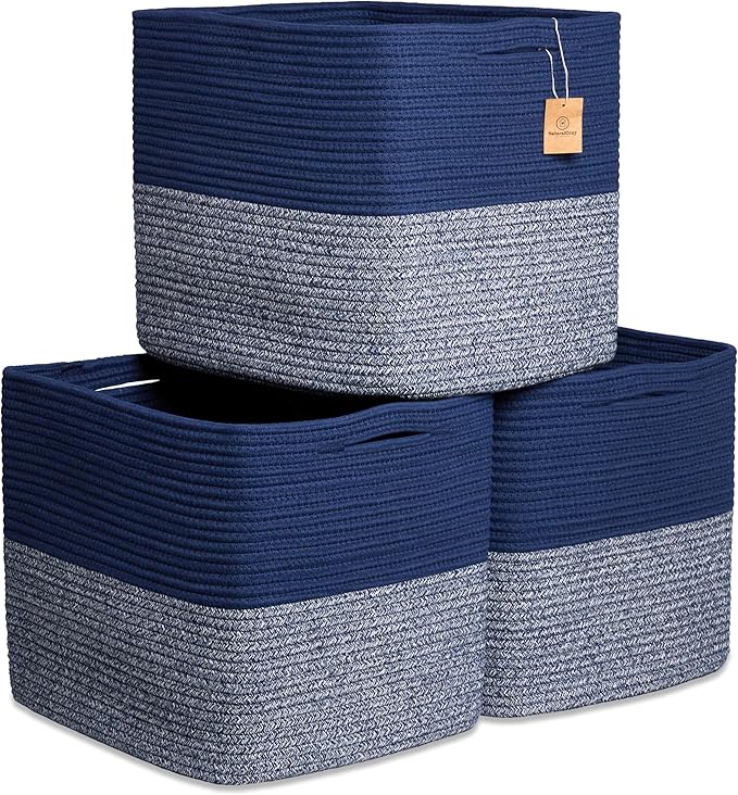 NaturalCozy 13x15x13 Kallax Storage Cubes Bins, 3 Pack | Cotton Rope Cube Storage Bin Woven Baskets for Organizing | Kallax Insert Storage Baskets for Shelves Organizer, Kids Toy, Closet Baby Nursery-Ruum Studio Home