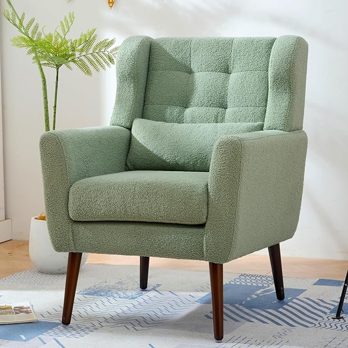 Accent Chair Set of 2, Upholstered Armchair with Pillow, Teddy Single Sofa Chair with Lounge Seat and Wood Legs for Living Room Small Spaces-Ruum Studio Home