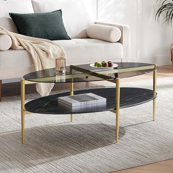 Oval Glass Coffee Table, Mid-Century Modern Design, L43 x W22 x H17 inch, Surfboard Shaped Grey Glass Top and Black Marble Finish Wood Shelf, Tapered Legs with Gold Finish Frame-Ruum Studio Home