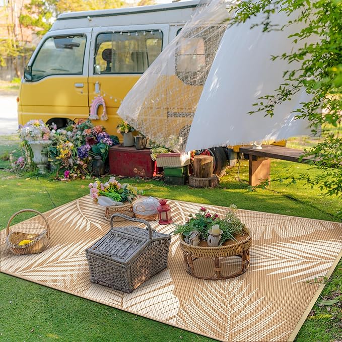GENIMO Outdoor Rug 9' x 12' Waterproof for Patios Clearance, Reversible Outdoor Plastic Straw Camping Rug Carpet, Large Area Rugs Mats for RV, Camper, Deck, Balcony, Porch, Beach, Picnic, Brown&Beige-Ruum Studio Home