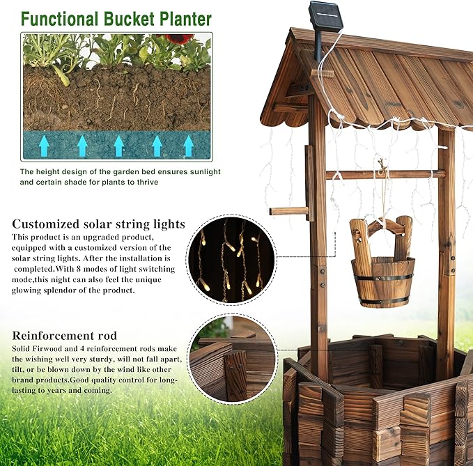 Garden Wooden Decor Rustic Wishing Well with Light Planter Outdoor Home Décor for Patio, Upgrade Wishing Well Garden, Yard Hanging Bucket Patio Lawn Backyard Home Decor-Ruum Studio Home