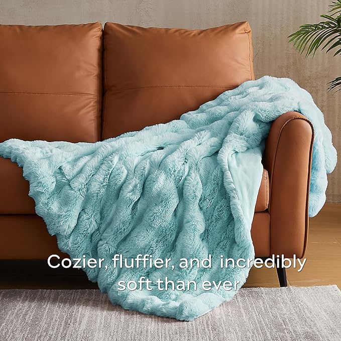 JELLYMONI Faux Fur Throw Blanket, Blue Cozy Plush Bubble Bed Blanket, Thick and Warm, Twin (60" x 80")-Ruum Studio Home