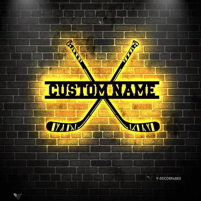 Hockey LED Wall Sign - Hockey Sticks Custom Name Light Up Wall Art, 16-Color LED with Remote Control, Hockey Decor for Bedroom, Locker Room, Fan Gift-Ruum Studio Home