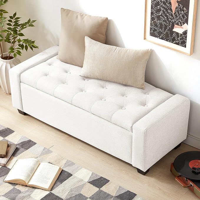 48" Ottoman with Storage, White Storage Ottoman Bench with Safety Hinge, Upholstered Entryway Bench with Seating for Bedroom, Living Room, Holds up to 330 lb-Ruum Studio Home