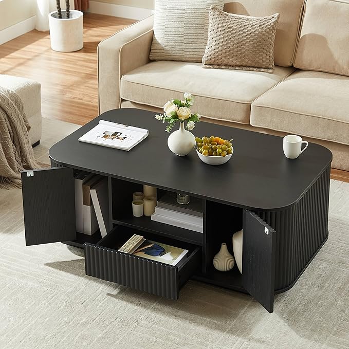 46.5" Oval Coffee Table with Drawers and Storage Mid Century Modern Fluted Solid Wood Side Coffee Tables, Luxury Tea Table Center Table for Living Rooms Offices Apartmen, Black-Ruum Studio Home