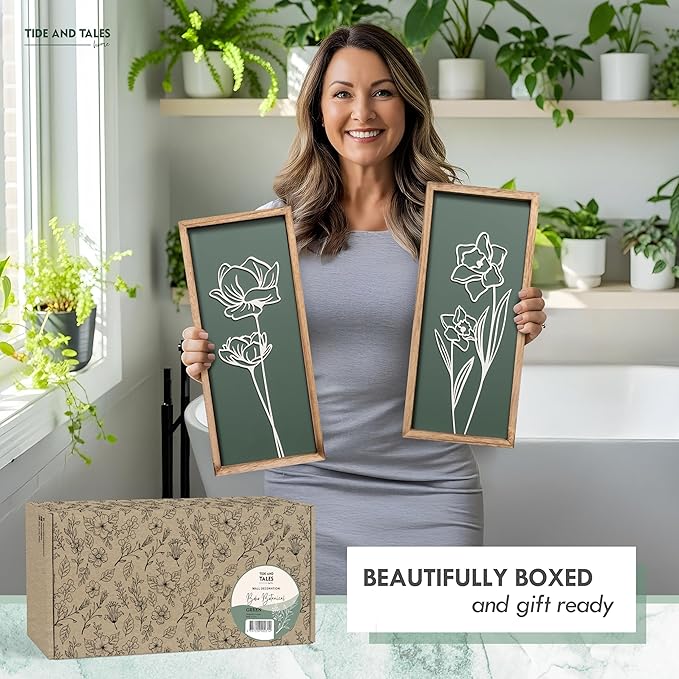 3D Floral Green Wall Art (Set of 2) Lightweight, Wooden Ready-to-Hang Boho Framed Wall Art for Bathroom, Bedroom, Living Room or Office – Premium Sage Green Farmhouse Decor – Gift-Boxed-Ruum Studio Home