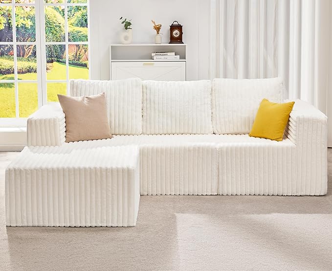 Hobestluk Modular Sectional Sofa Memory Foam Couch Oversized Sectional Sofa 3-Seater with Chaise Cloud Couch with Removable Cover L Shape Sofa for Living Room (Strip White, 3-Seater with Chaise)-Ruum Studio Home